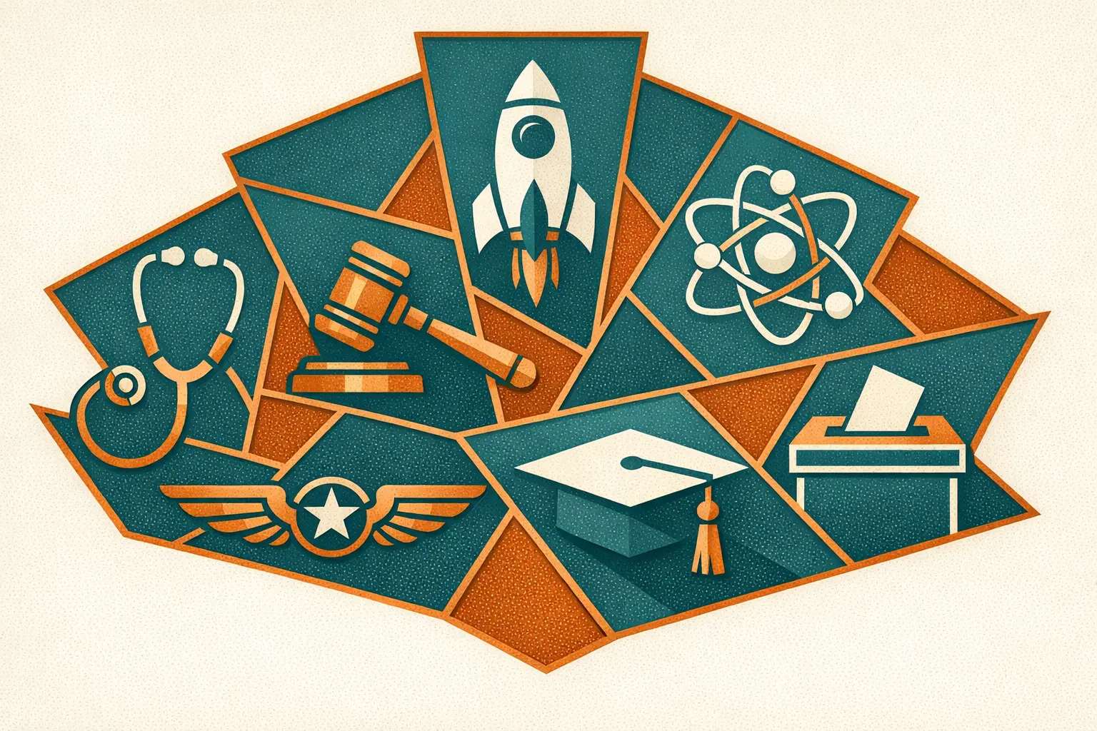 Geometric mosaic of icons representing women's achievements in medicine, law, space, science, aviation, education, and politics